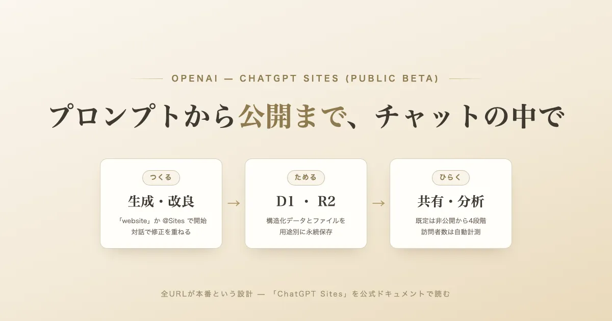「プロンプトからホスティングまでチャットの中で完結する——OpenAI「ChatGPT Sites」を公式ドキュメントで読む」のサムネイル画像