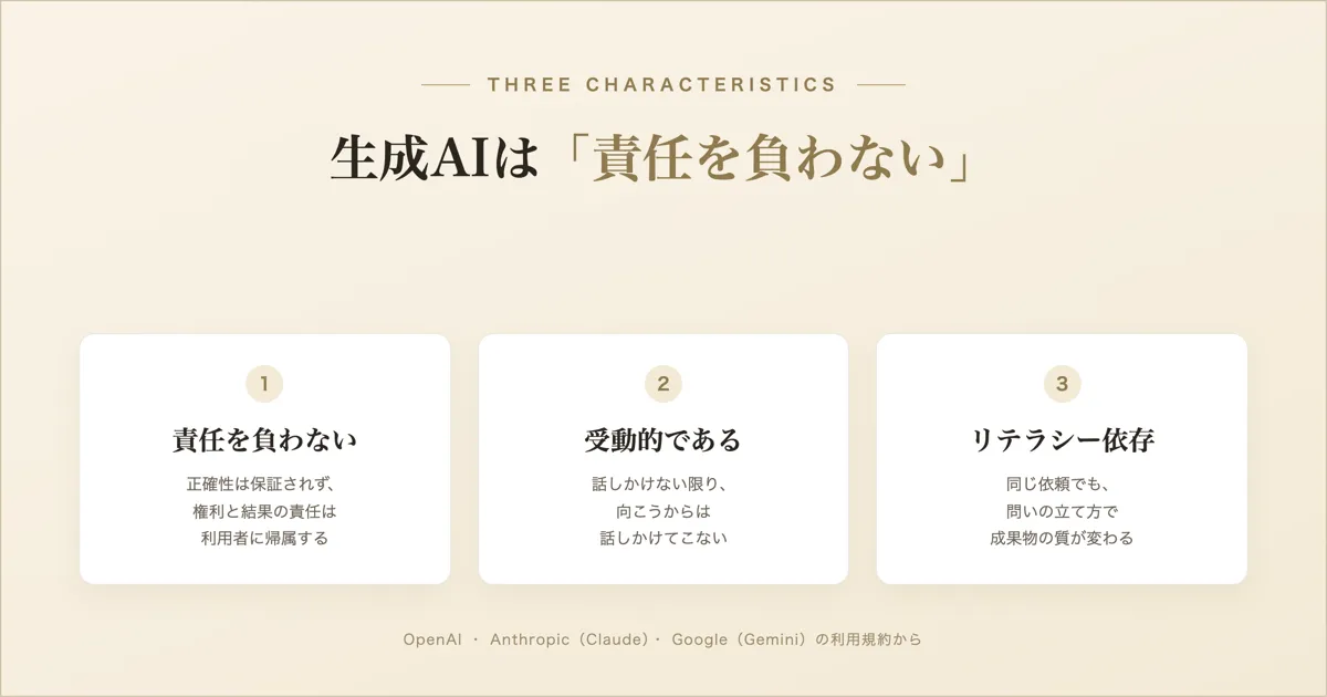 「生成AIは「責任を負わない」——OpenAI・Anthropic・Googleの利用規約に見る3つの特徴」のサムネイル画像