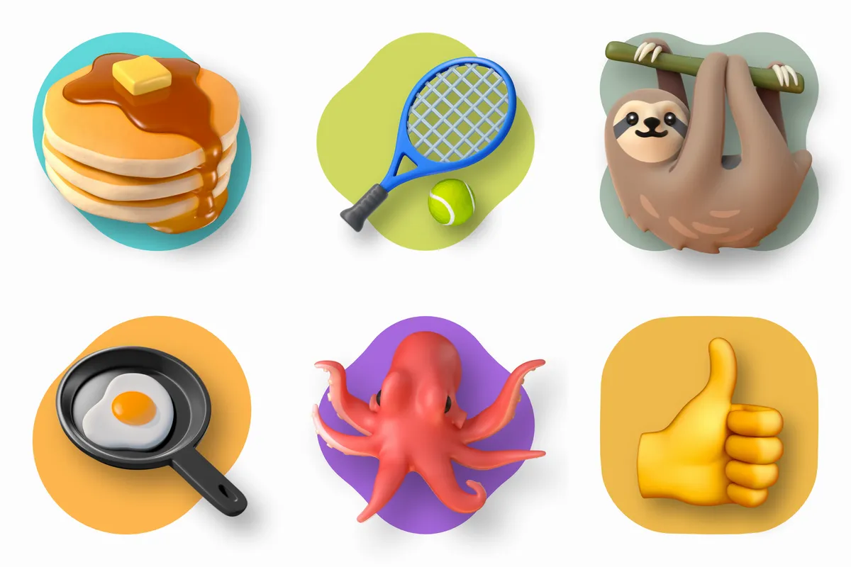 Noto 3Dの絵文字6種。パンケーキ、テニスラケット、ナマケモノ、フライパンの目玉焼き、タコ、親指を立てた手が、質感と陰影のある立体として描かれている