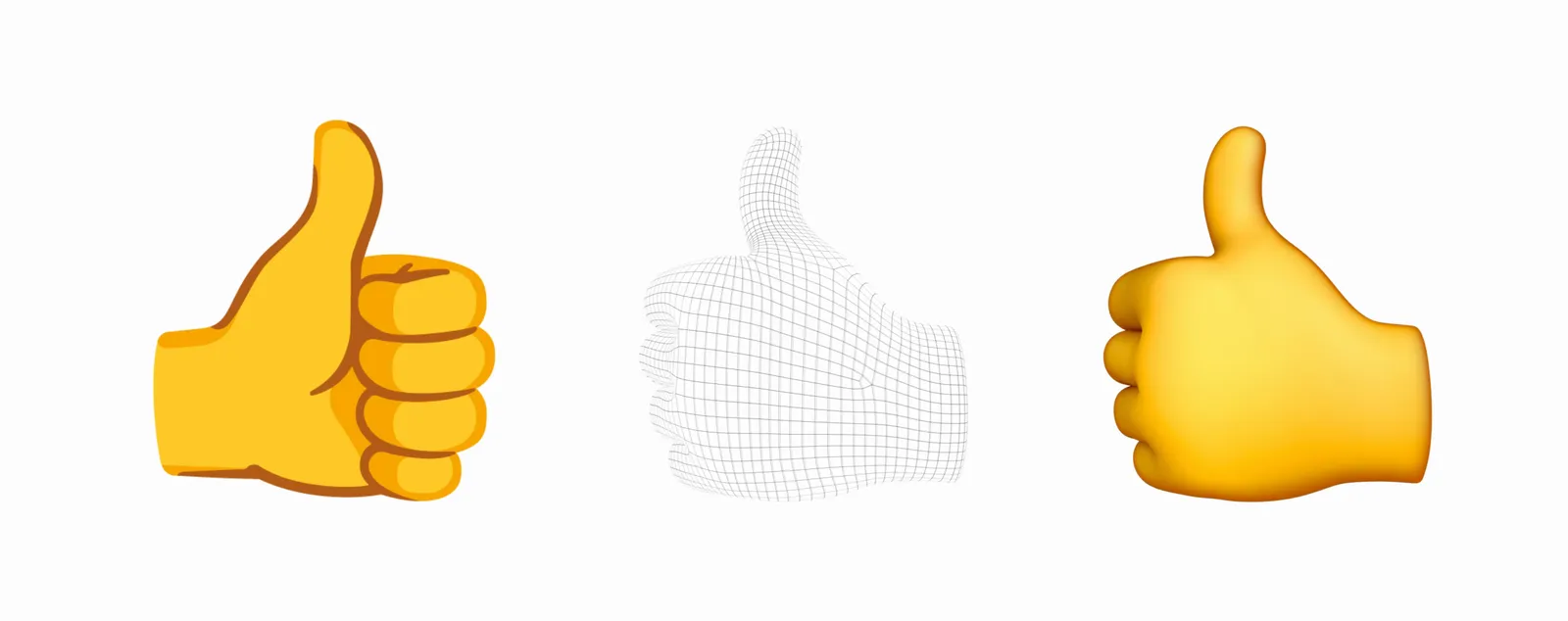サムズアップ絵文字の制作工程。左に従来のフラットな2Dイラスト、中央に3Dモデルのワイヤーフレームメッシュ、右に質感のある3Dレンダリング